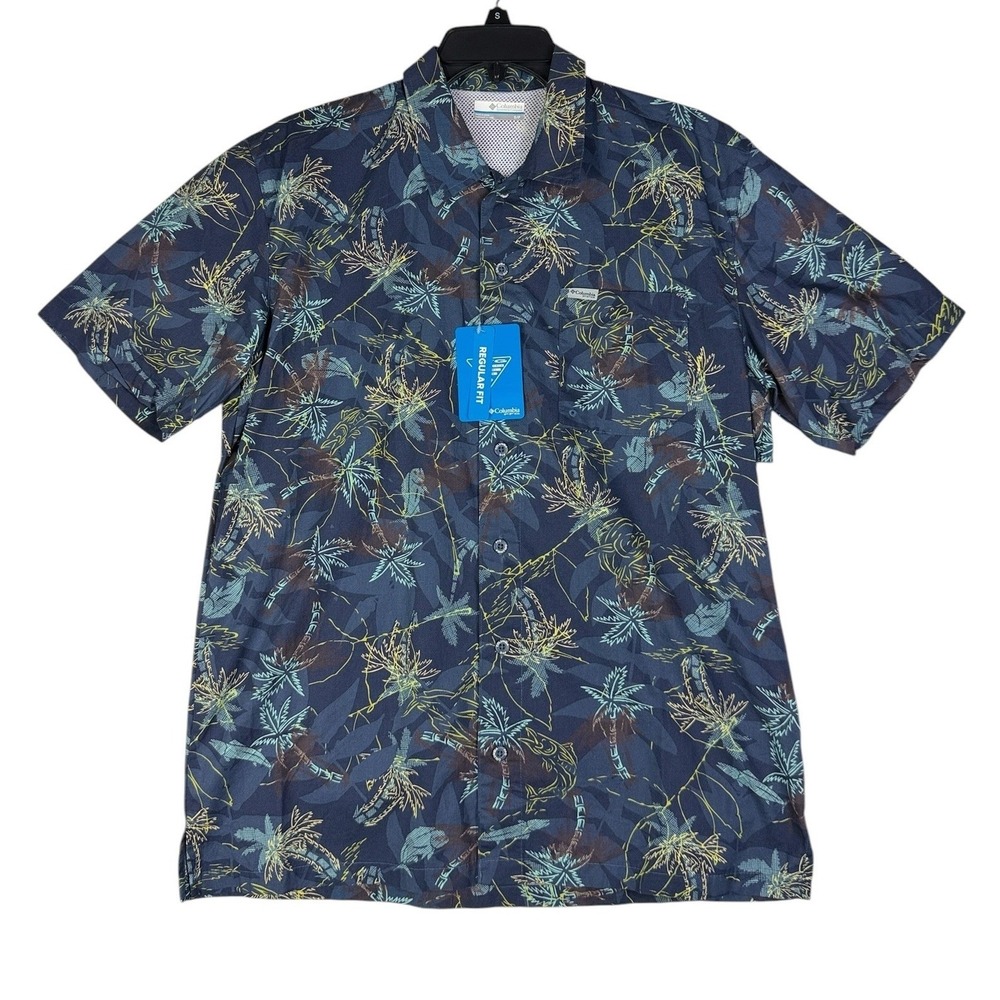 Columbia PFG Trollers Best SS Shirt Mens Size Small Navy Palm Fish Print NEW